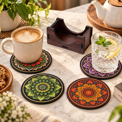 Mandala Tea Coasters Set of 4 with Wooden Stand – Round Printed Coasters for Cups, Mugs & Gifting, Multicolor