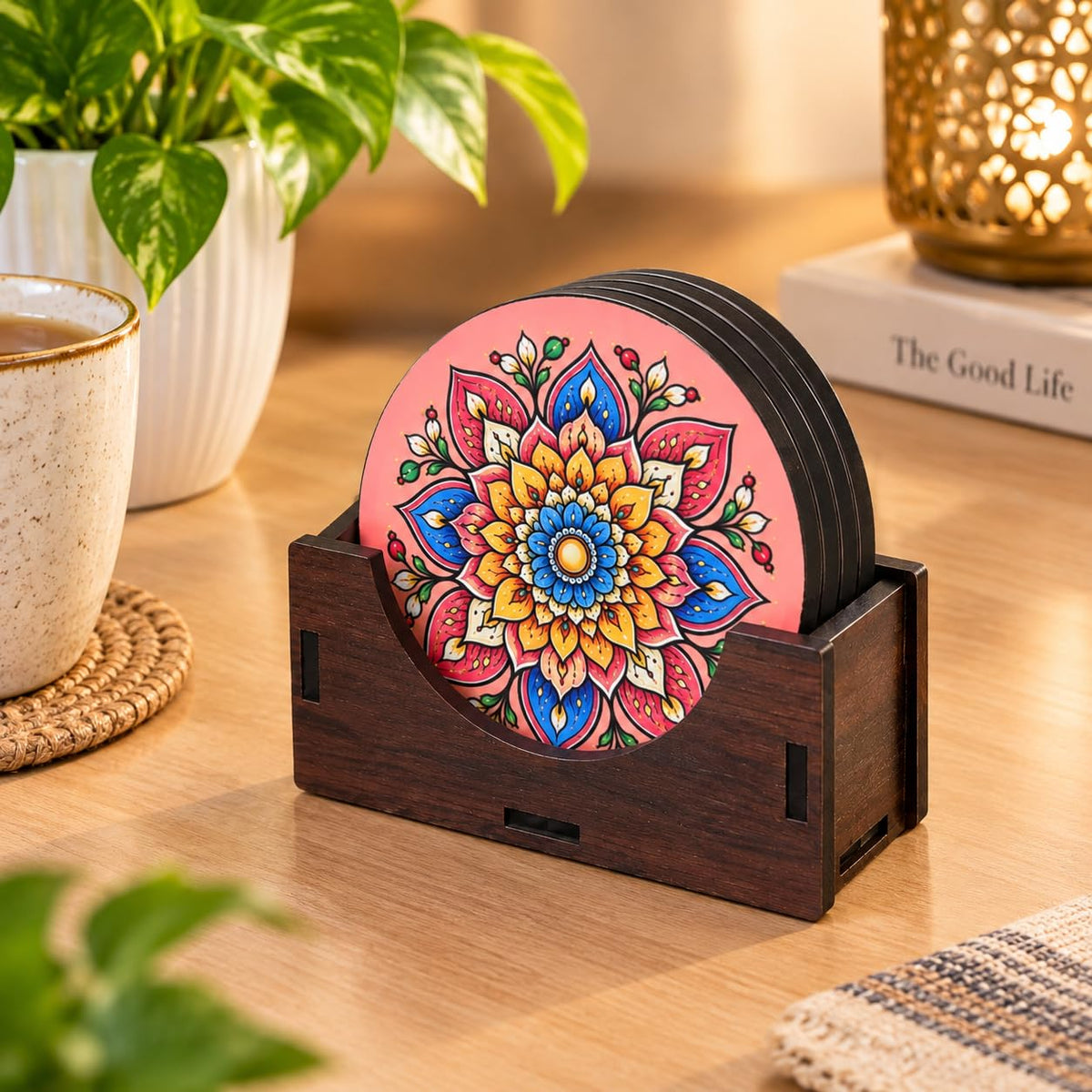 Pastel Mandala Tea Coasters Set of 4 with Wooden Stand – Round Printed Coasters for Cups, Mugs & Gifting, Multicolor