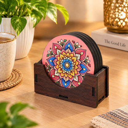 Pastel Mandala Tea Coasters Set of 4 with Wooden Stand – Round Printed Coasters for Cups, Mugs & Gifting, Multicolor
