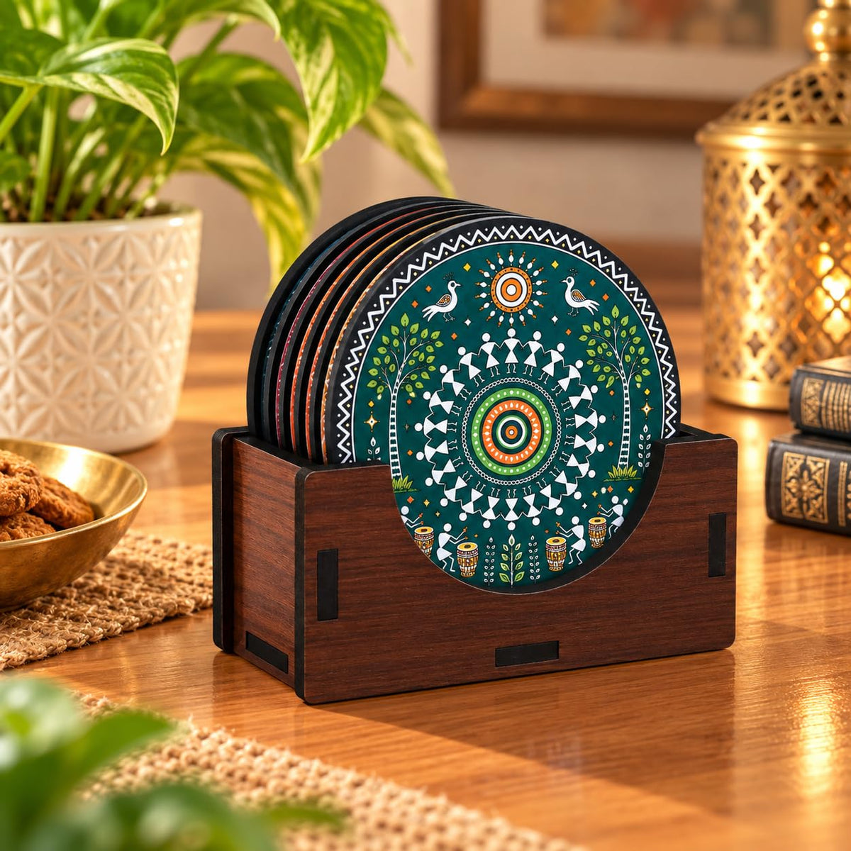 Warli Art Tea Coasters Set of 6 with Wooden Stand – Round Printed Coasters for Cups, Mugs & Gifting, Multicolor