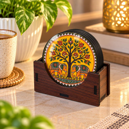 Indian Folk Art Tea Coasters Set of 4 with Wooden Stand – Round Printed Coasters for Cups, Mugs & Gifting, Multicolor