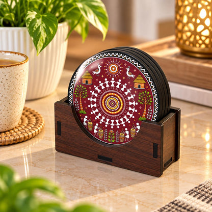 Warli Art Tea Coasters Set of 4 with Wooden Stand – Round Printed Coasters for Cups, Mugs & Gifting, Multicolor