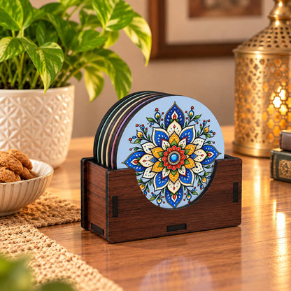 Pastel Mandala Tea Coasters Set of 6 with Wooden Stand – Round Printed Coasters for Cups, Mugs & Gifting, Multicolor