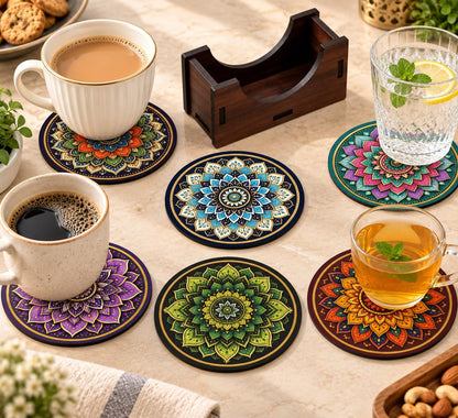 Mandala Tea Coasters Set of 6 with Wooden Stand – Round Printed Coasters for Cups, Mugs & Gifting, Multicolor