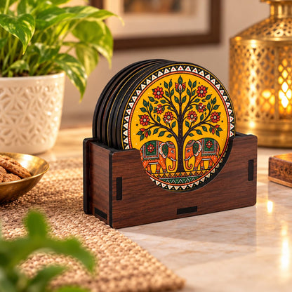 Indian Folk Art Tea Coasters Set of 6 with Wooden Stand – Round Printed Coasters for Cups, Mugs & Gifting, Multicolor
