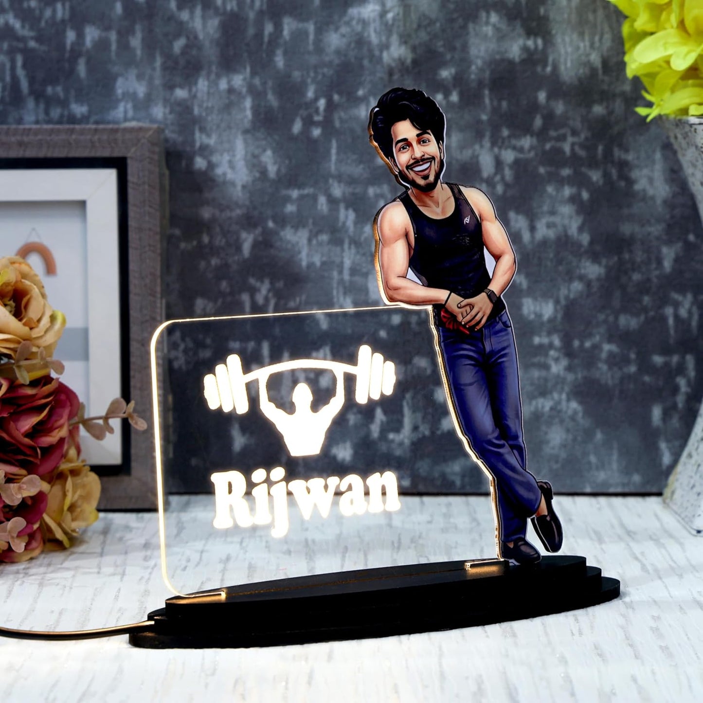 Personalized LED Caricature Name Plate for Men in Gym Sando Style | Custom Photo Bodybuilder Desk Decor Gift for Husband, Boyfriend & Brother