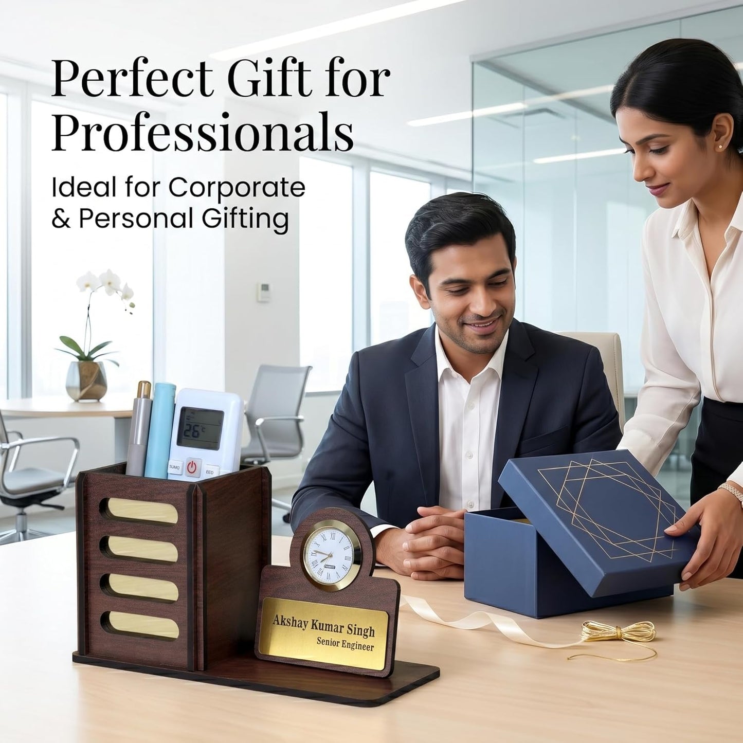 Personalized Wooden Desk Organizer with Clock & Name Plate | Executive Office Desk Pen Stand & Custom Gift