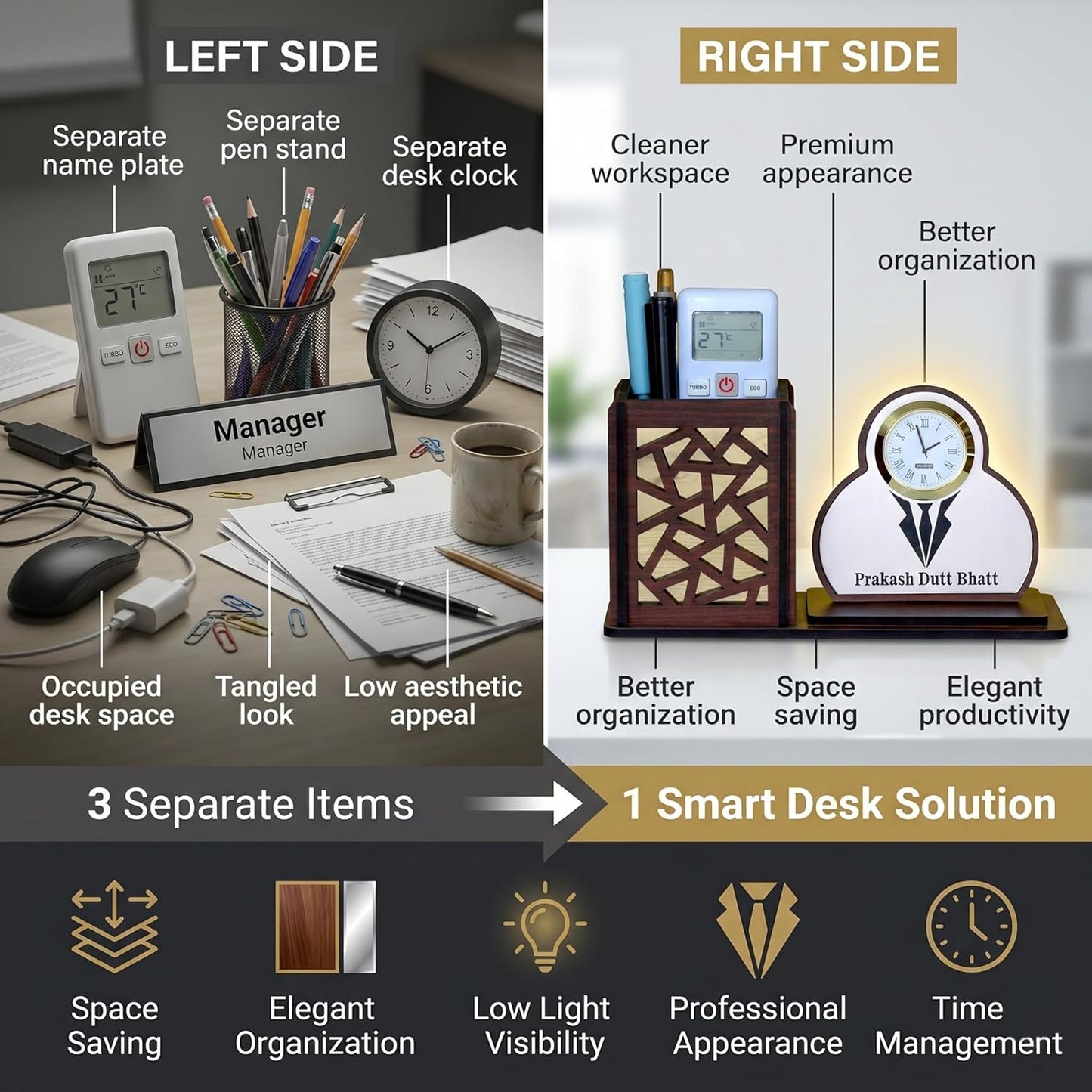 Personalized Wooden Desk Organizer with Clock & Suit Name Plate | Corporate Gift for Professionals | Executive Office Table Organizer | Customised Pen Stand Holder | Desk Decor - Suit Brown
