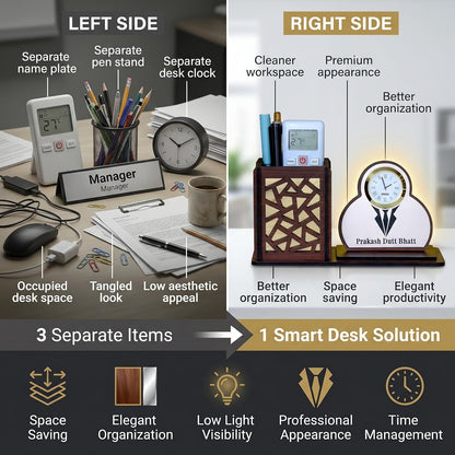 Personalized Wooden Desk Organizer with Clock & Suit Name Plate | Corporate Gift for Professionals | Executive Office Table Organizer | Customised Pen Stand Holder | Desk Decor - Suit Brown