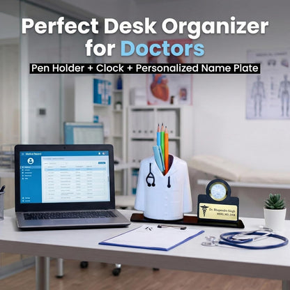 Giftationery Medical Theme Desk Organizer with clock - personalized gift to a doctor Pen Stand | Unique Apron/Coat Shape Pencil Holder | A gift to doctors female, male & Medical Aspirants