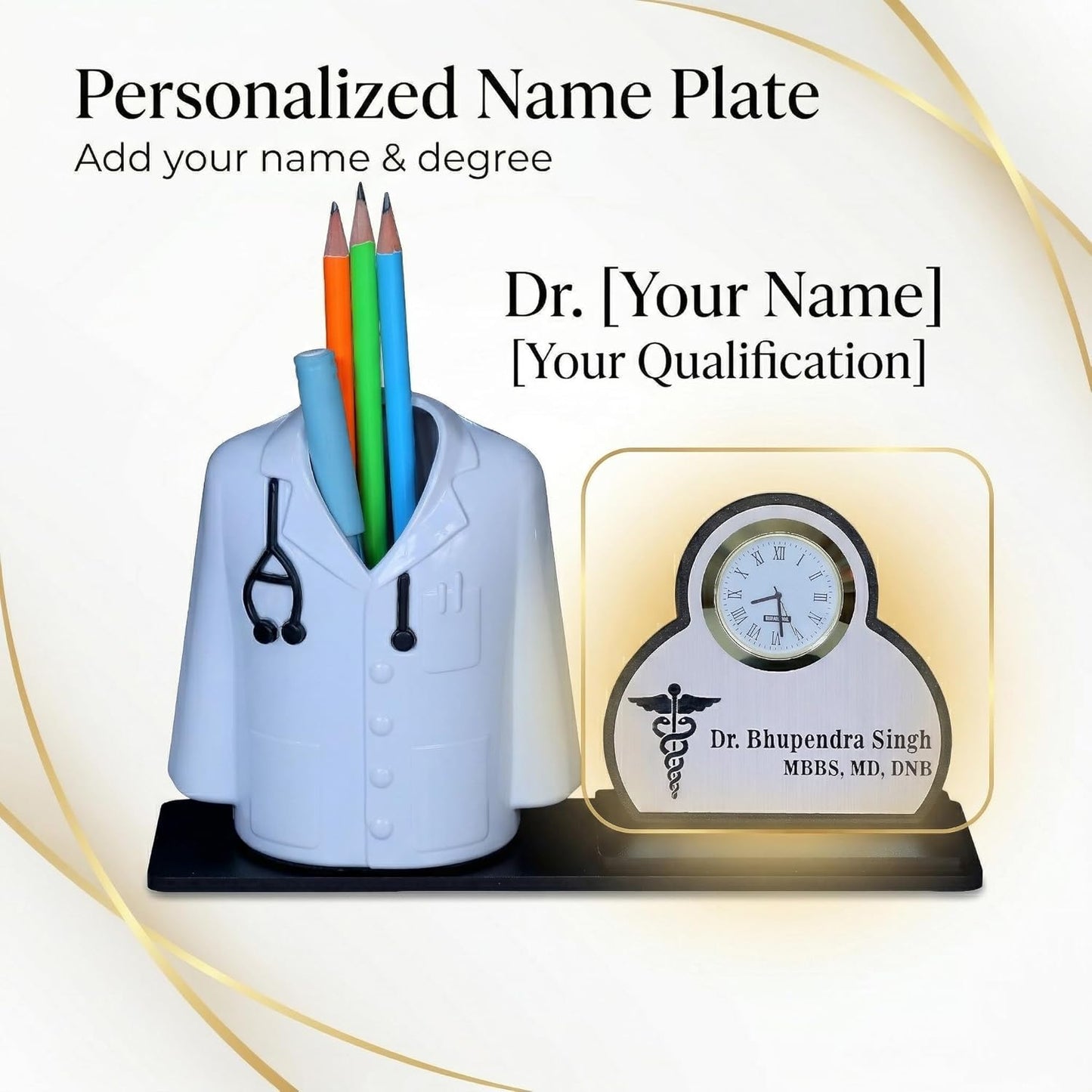 Giftationery Premium Apron/Coat Shape Pencil Holder for Clinic and Office Desk with clock | personalized gift for doctor Pen Stand | The best gift for doctors female, male & Medical Aspirants