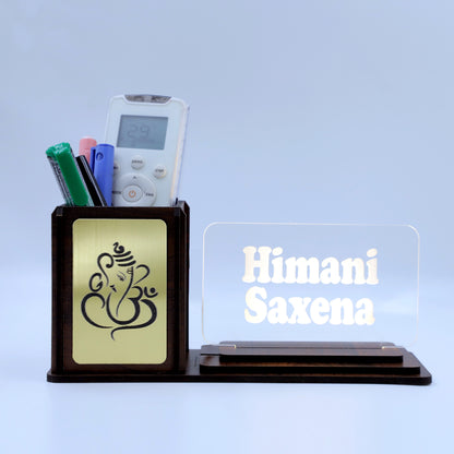Desk Organizer with LED Name Lamp | Customized Gift for Men, Women, Teachers, Doctors, Dad, Husband | Pen Holder, Table Lamp | Personalized Birthday Gift | Office Organizer - Gold Emblem