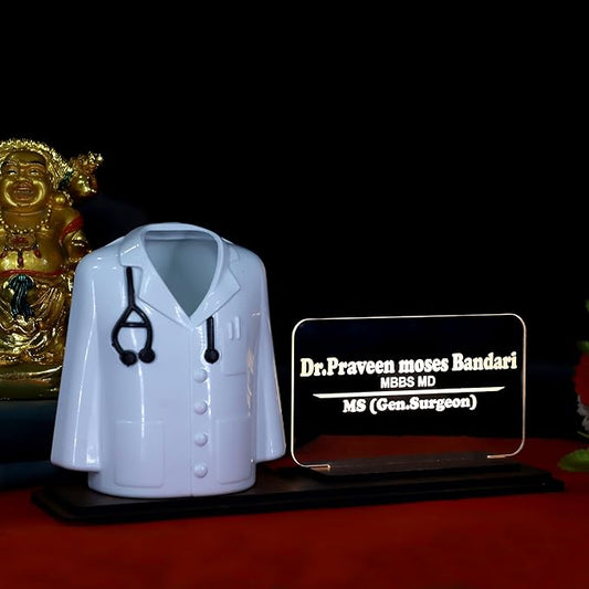 Doctor Coat Pen Stand with LED Name Plate & Wooden Base | Customized Desk Organizer for Doctors & Medical Aspirants | Apron Shape Pencil Holder with Personalized Name Engraved Plate