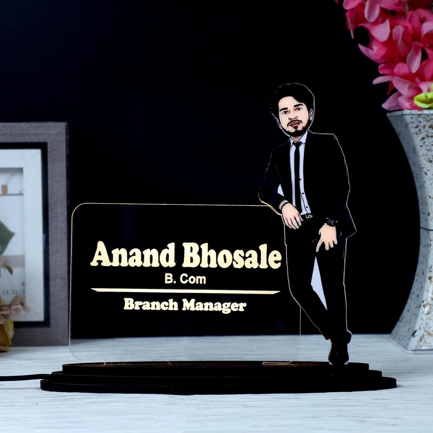 Personalized Professional Caricature LED Name Plate – Custom Photo Desk Nameplate for Office & Corporate Gifting