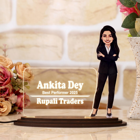 Personalized Professional Woman Caricature LED Name Plate – Custom Photo Award Desk Plate for Employee Recognition