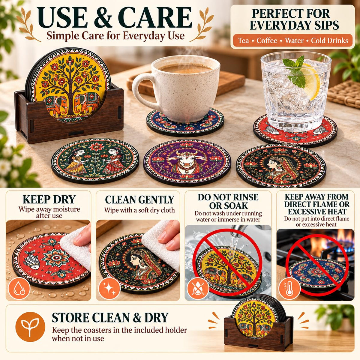 Indian Folk Art Tea Coasters Set of 6 with Wooden Stand – Round Printed Coasters for Cups, Mugs & Gifting, Multicolor
