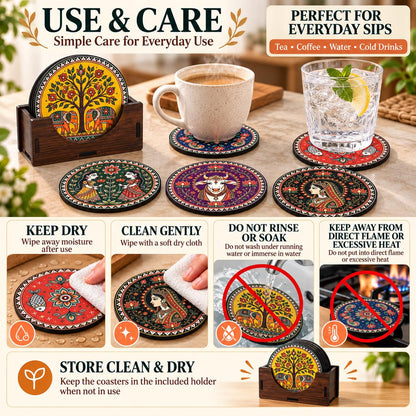 Indian Folk Art Tea Coasters Set of 6 with Wooden Stand – Round Printed Coasters for Cups, Mugs & Gifting, Multicolor