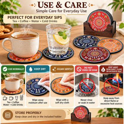 Warli Art Tea Coasters Set of 4 with Wooden Stand – Round Printed Coasters for Cups, Mugs & Gifting, Multicolor