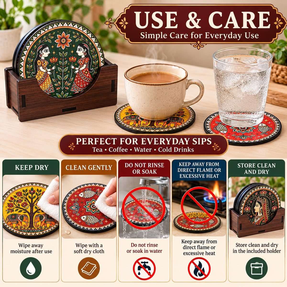 Indian Folk Art Tea Coasters Set of 4 with Wooden Stand – Round Printed Coasters for Cups, Mugs & Gifting, Multicolor