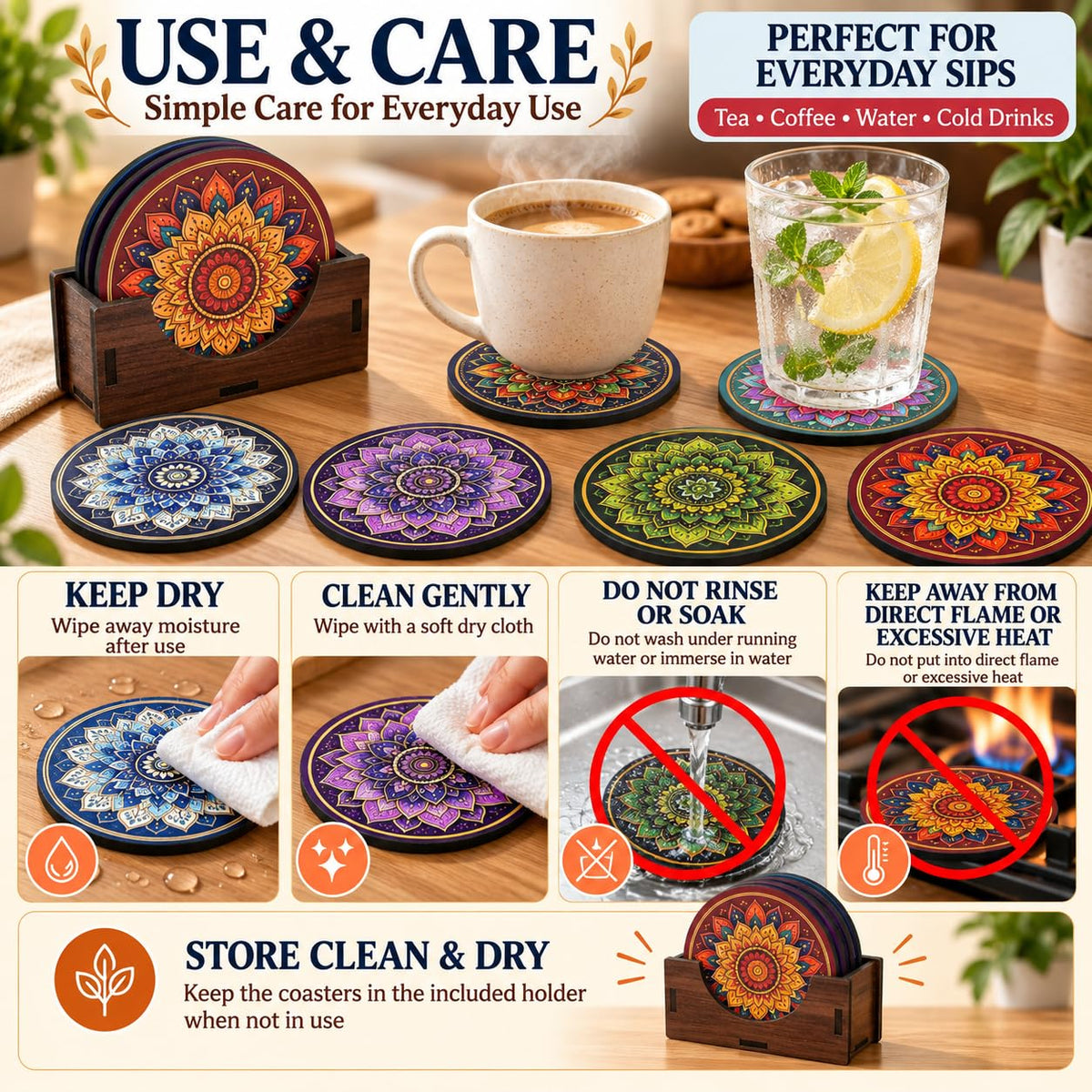 Mandala Tea Coasters Set of 6 with Wooden Stand – Round Printed Coasters for Cups, Mugs & Gifting, Multicolor