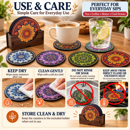 Mandala Tea Coasters Set of 6 with Wooden Stand – Round Printed Coasters for Cups, Mugs & Gifting, Multicolor