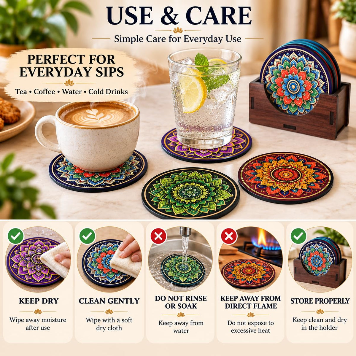 Mandala Tea Coasters Set of 4 with Wooden Stand – Round Printed Coasters for Cups, Mugs & Gifting, Multicolor