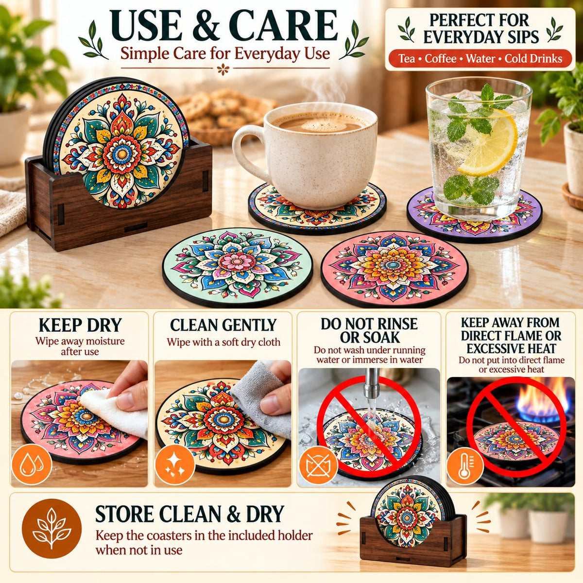 Pastel Mandala Tea Coasters Set of 4 with Wooden Stand – Round Printed Coasters for Cups, Mugs & Gifting, Multicolor