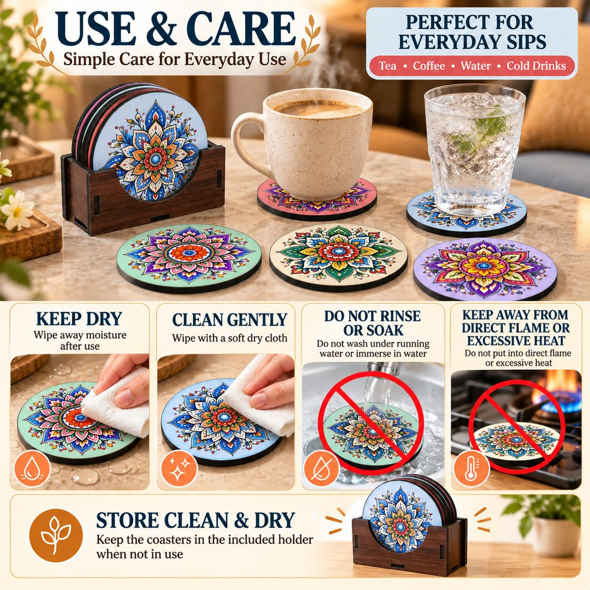 Pastel Mandala Tea Coasters Set of 6 with Wooden Stand – Round Printed Coasters for Cups, Mugs & Gifting, Multicolor