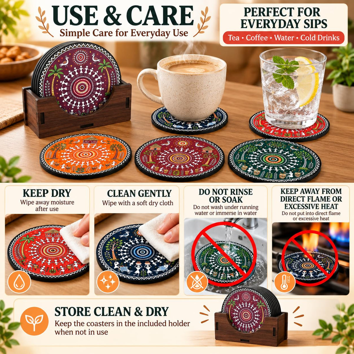 Warli Art Tea Coasters Set of 6 with Wooden Stand – Round Printed Coasters for Cups, Mugs & Gifting, Multicolor