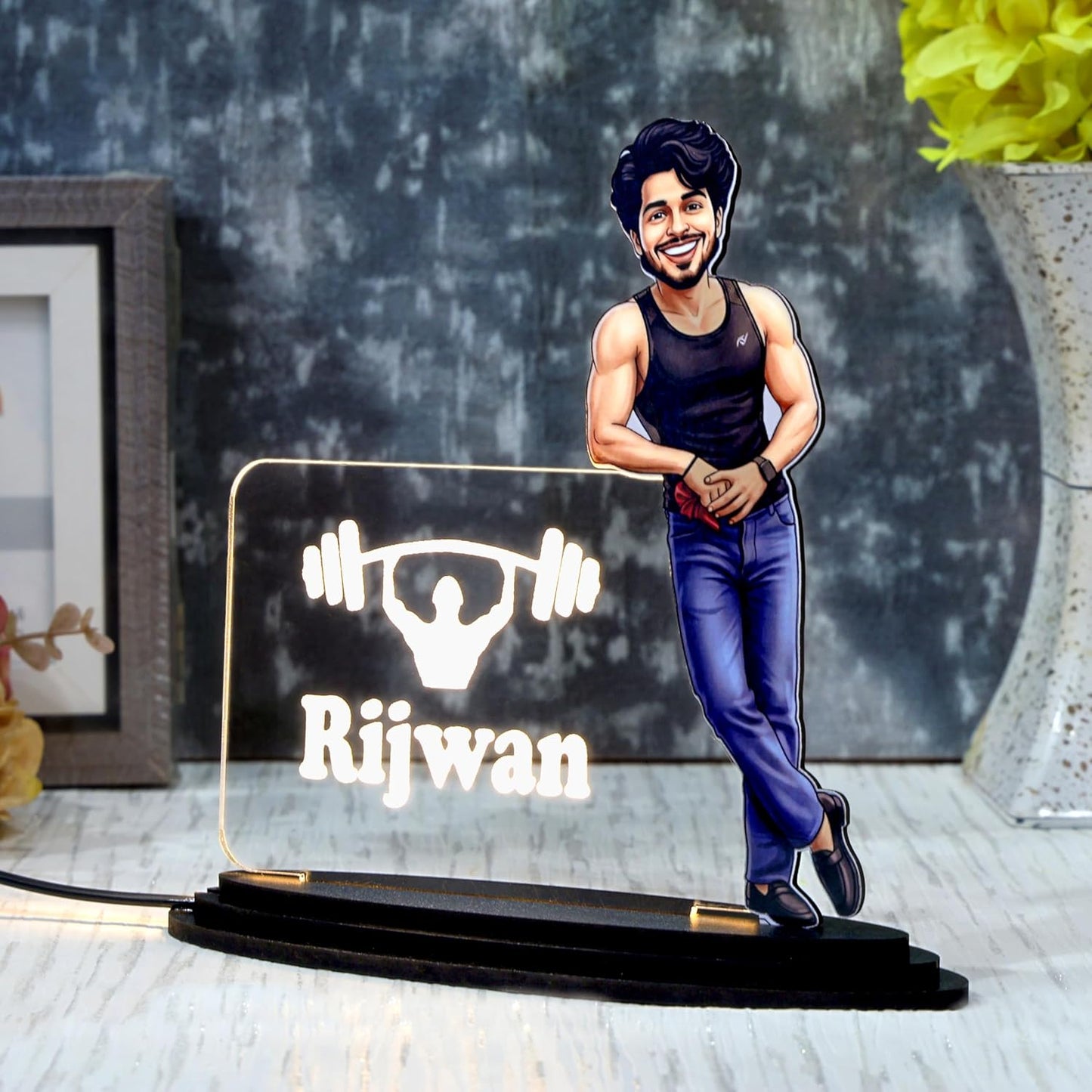 Personalized LED Caricature Name Plate for Men in Gym Sando Style | Custom Photo Bodybuilder Desk Decor Gift for Husband, Boyfriend & Brother