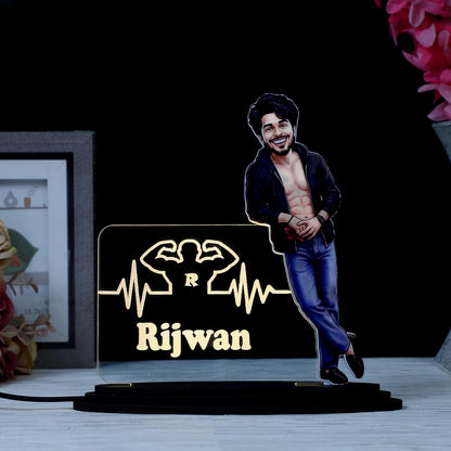 Personalized LED Caricature Name Plate for Men in Black Open Jacket | Custom Photo Bodybuilder Desk Decor Gift for Husband, Boyfriend & Brother