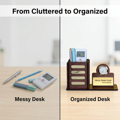 Personalized Wooden Desk Organizer with Clock & Name Plate | Executive Office Desk Pen Stand & Custom Gift