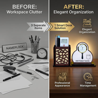 Personalized Wooden Desk Organizer with Clock & Shirt Name Plate | Office Table Organizer | Customised Gift for Men | Pen Stand Stationery Holder | Desktop Organizer Accessories - Shirt Brown