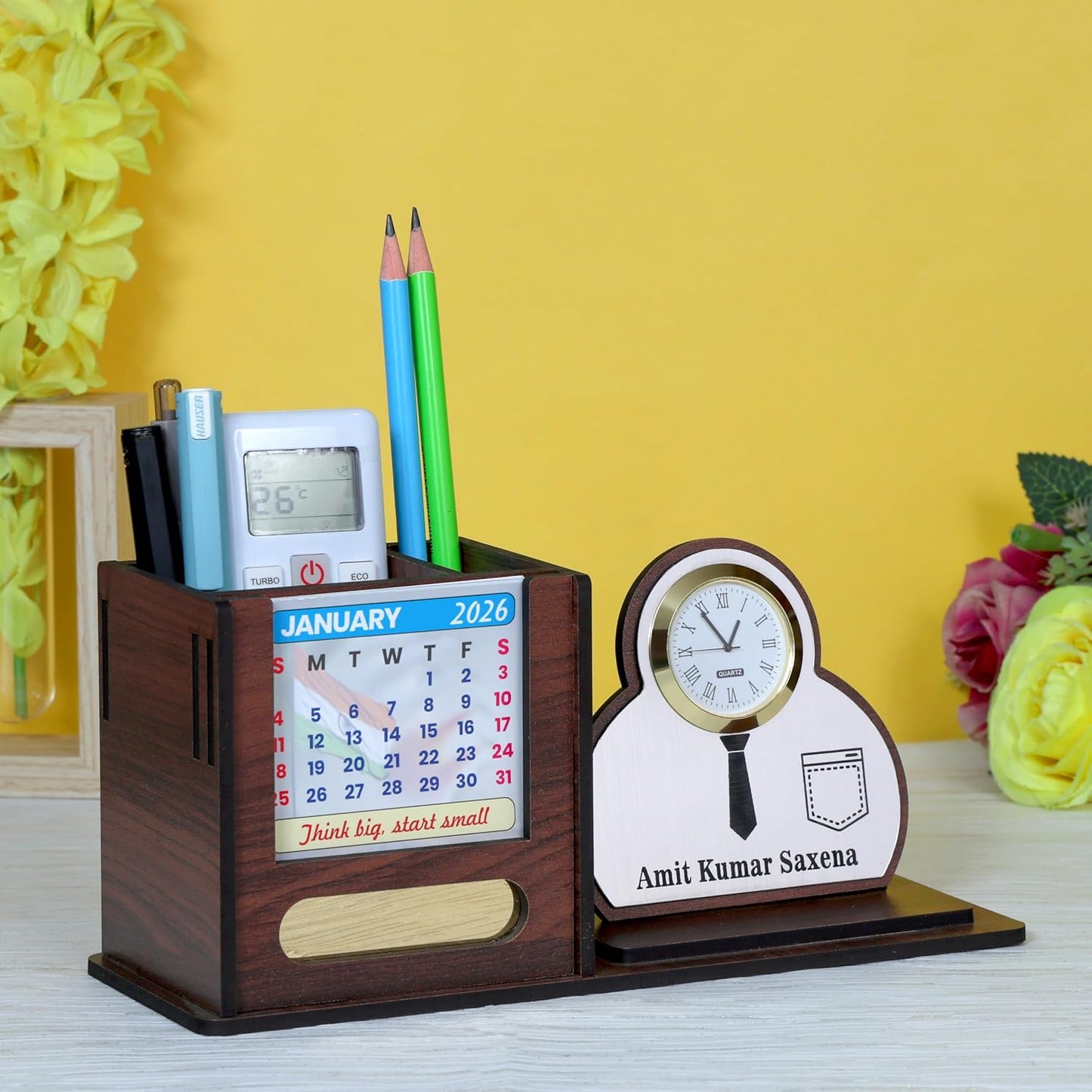 Giftationery Pen Stand for Table with Wooden Desk Organiser, Table Clock, Pen Holder Wooden & Latest Calendar | Personalized Office Desk Organizer | Shirt Brown