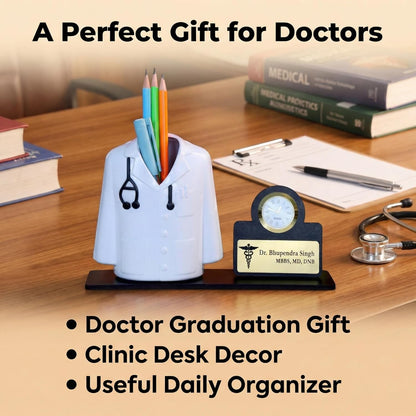 Giftationery Medical Theme Desk Organizer with clock - personalized gift to a doctor Pen Stand | Unique Apron/Coat Shape Pencil Holder | A gift to doctors female, male & Medical Aspirants