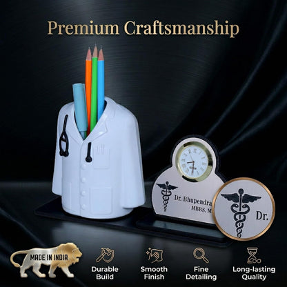 Giftationery Premium Apron/Coat Shape Pencil Holder for Clinic and Office Desk with clock | personalized gift for doctor Pen Stand | The best gift for doctors female, male & Medical Aspirants