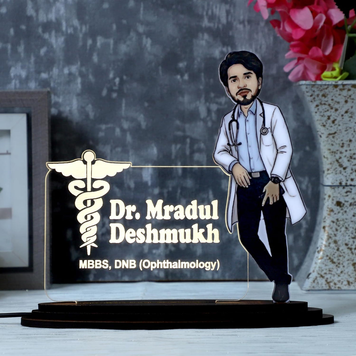 Personalized Male Doctor Caricature LED Name Plate – Custom Photo Desk Gift for Doctors