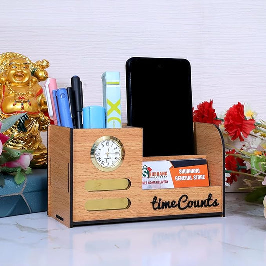 Wooden Desk Organiser with Clock, Mobile & Card Holder | Stylish Pen Holder for Office & Study Table | Decorative Table Accessory for Home or Work Use (BB-With Tag)