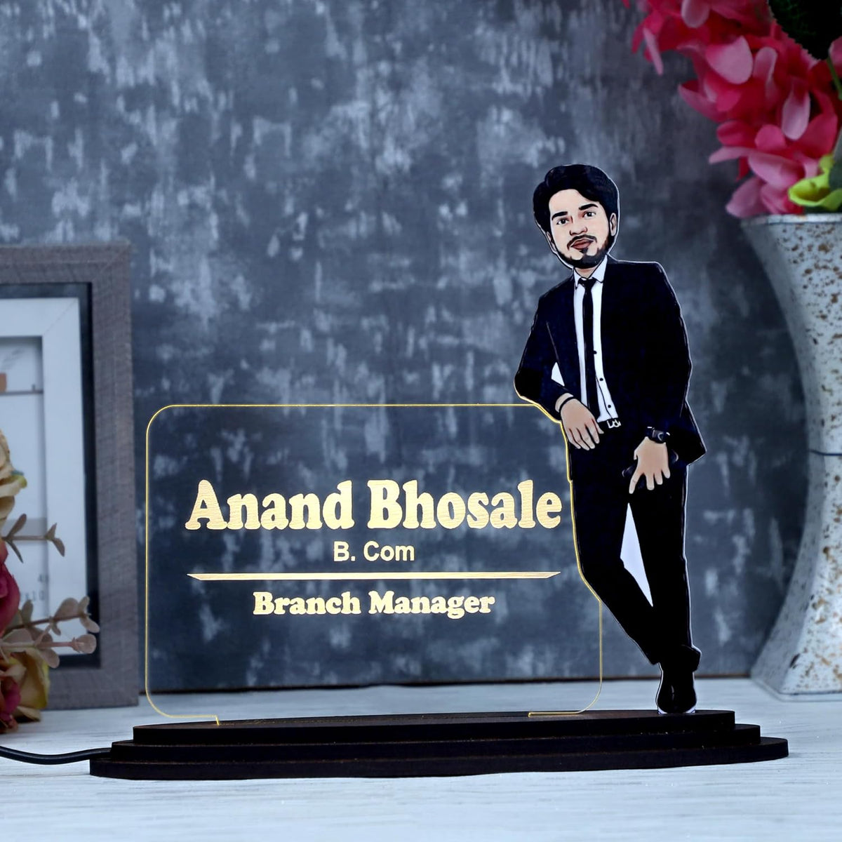 Personalized Professional Caricature LED Name Plate – Custom Photo Desk Nameplate for Office & Corporate Gifting