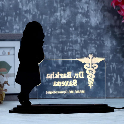 Personalized Lady Doctor Caricature LED Name Plate – Custom Photo & Name Desk Gift for Women Doctors