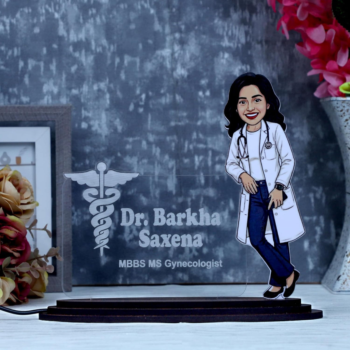 Personalized Lady Doctor Caricature LED Name Plate – Custom Photo & Name Desk Gift for Women Doctors