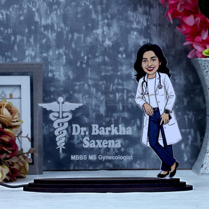 Personalized Lady Doctor Caricature LED Name Plate – Custom Photo & Name Desk Gift for Women Doctors