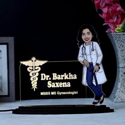 Personalized Lady Doctor Caricature LED Name Plate – Custom Photo & Name Desk Gift for Women Doctors