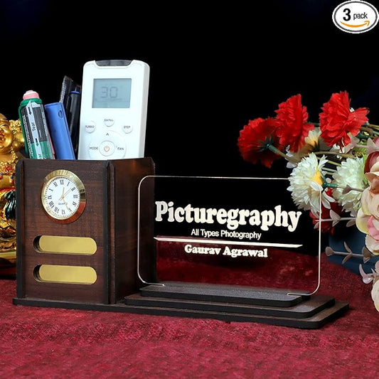 Desk Organizer with LED Name Lamp | Customized Gift for Men, Women, Teachers, Doctors, Dad, Husband | Pen Holder, Table Lamp | Personalized Birthday Gift | Office Organizer - With Watch
