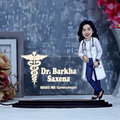 Personalized Lady Doctor Caricature LED Name Plate – Custom Photo & Name Desk Gift for Women Doctors