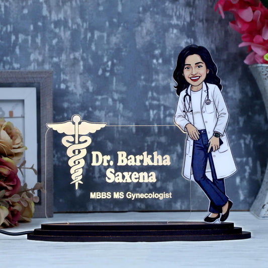 Personalized Lady Doctor Caricature LED Name Plate – Custom Photo & Name Desk Gift for Women Doctors