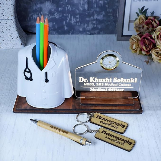 Doctor Coat Pen Stand with LED Name Plate, Clock & Wooden Base | Bamboo Pen & Personalized Wooden Keyring with Stylish Name Plate | Customized Desk Organizer for Doctors Medical Aspirants