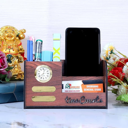 Wooden Desk Organiser with Clock, Mobile & Card Holder | Stylish Pen Holder for Office & Study Table | Decorative Table Accessory for Home or Work Use (RD-With Tag)