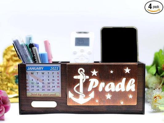 Desk Organizer with LED Name Lamp | Customized Gift for Men, Women, Teachers, Doctors, Dad, Husband | Pen Holder, Table Lamp | Personalized Birthday Gift | Office Organizer - Three Box