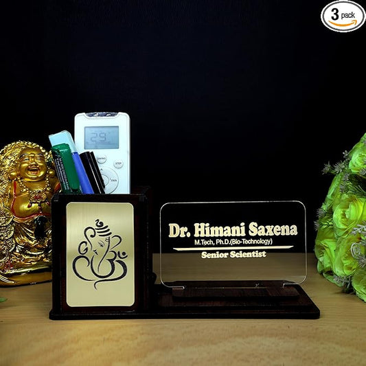 Desk Organizer with LED Name Lamp | Customized Gift for Men, Women, Teachers, Doctors, Dad, Husband | Pen Holder, Table Lamp | Personalized Birthday Gift | Office Organizer - Gold Emblem